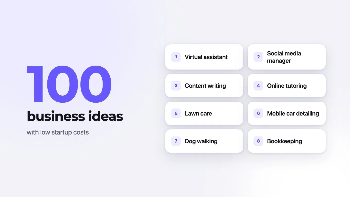 100 business ideas, including virtual assistant, social media manager and content writing