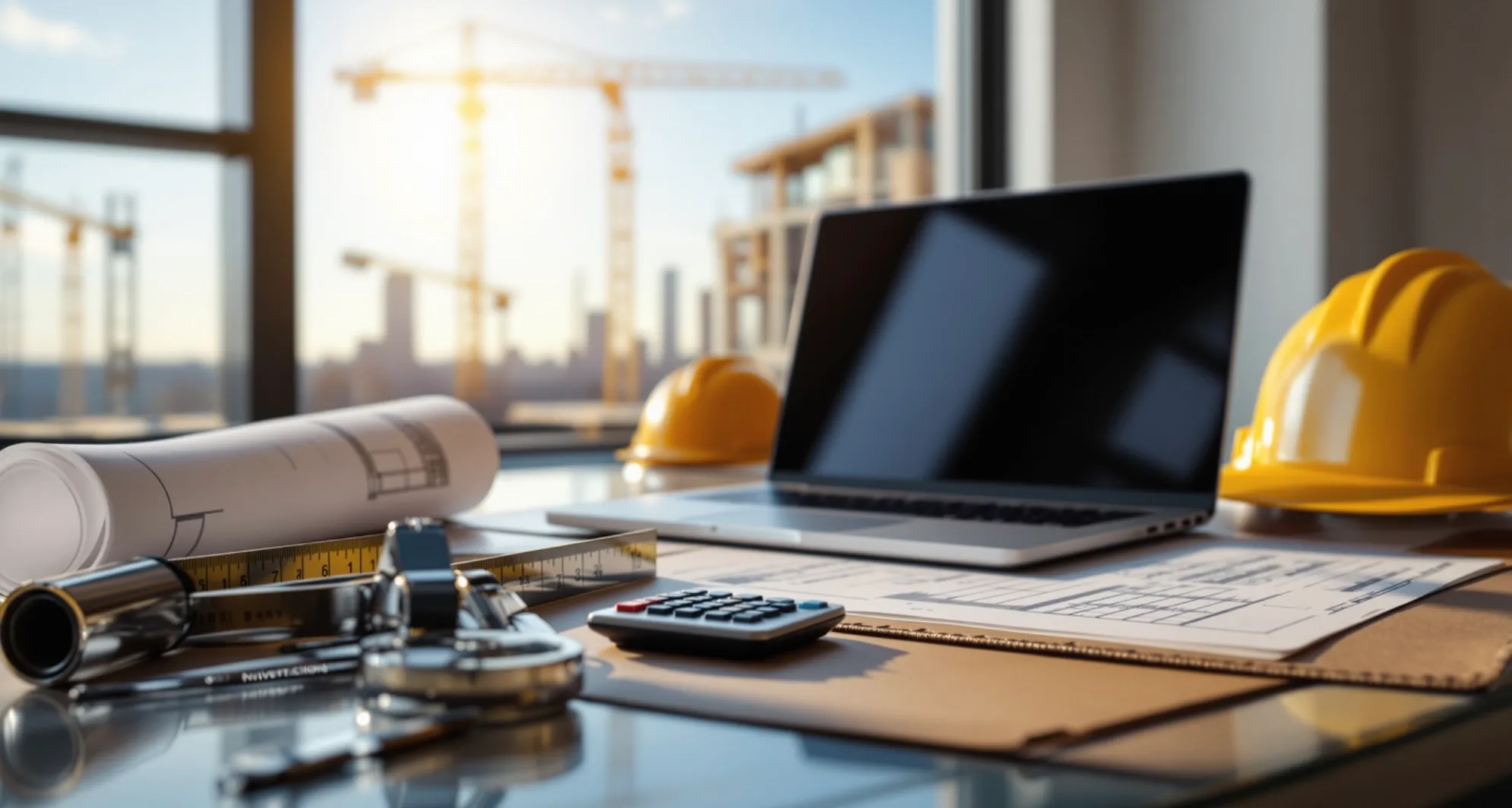 Construction invoice template: laptop, blueprints and hard hats on a site office desk