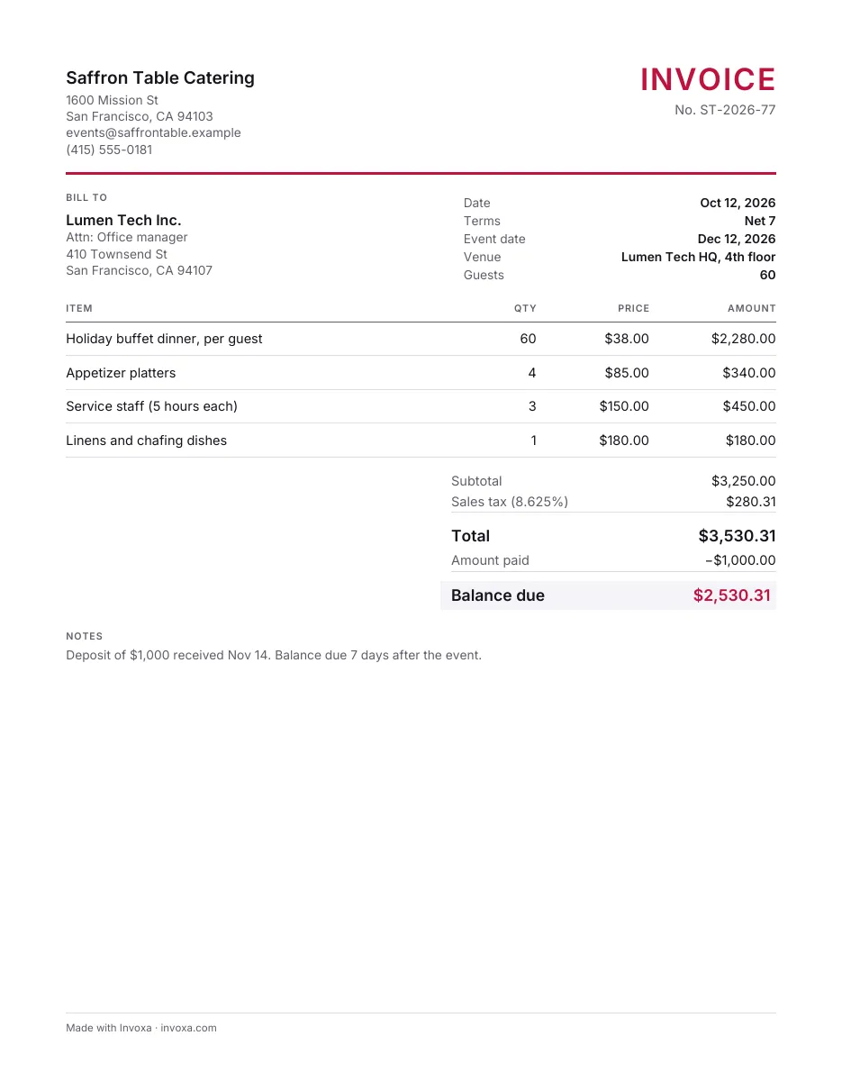 Catering invoice template: an example, filled in
