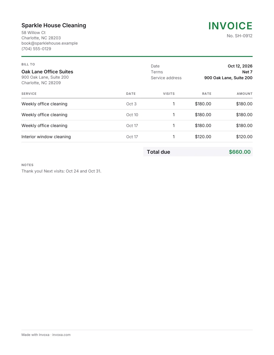 Cleaning invoice template: an example, filled in