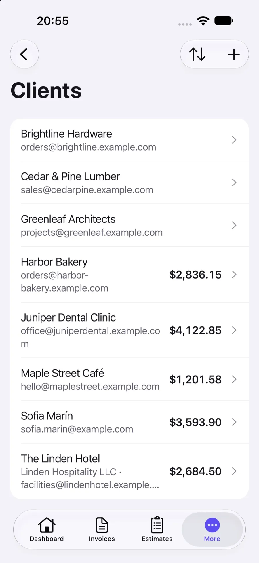 Client list in the Invoxa iPhone app with names, emails and amounts owed
