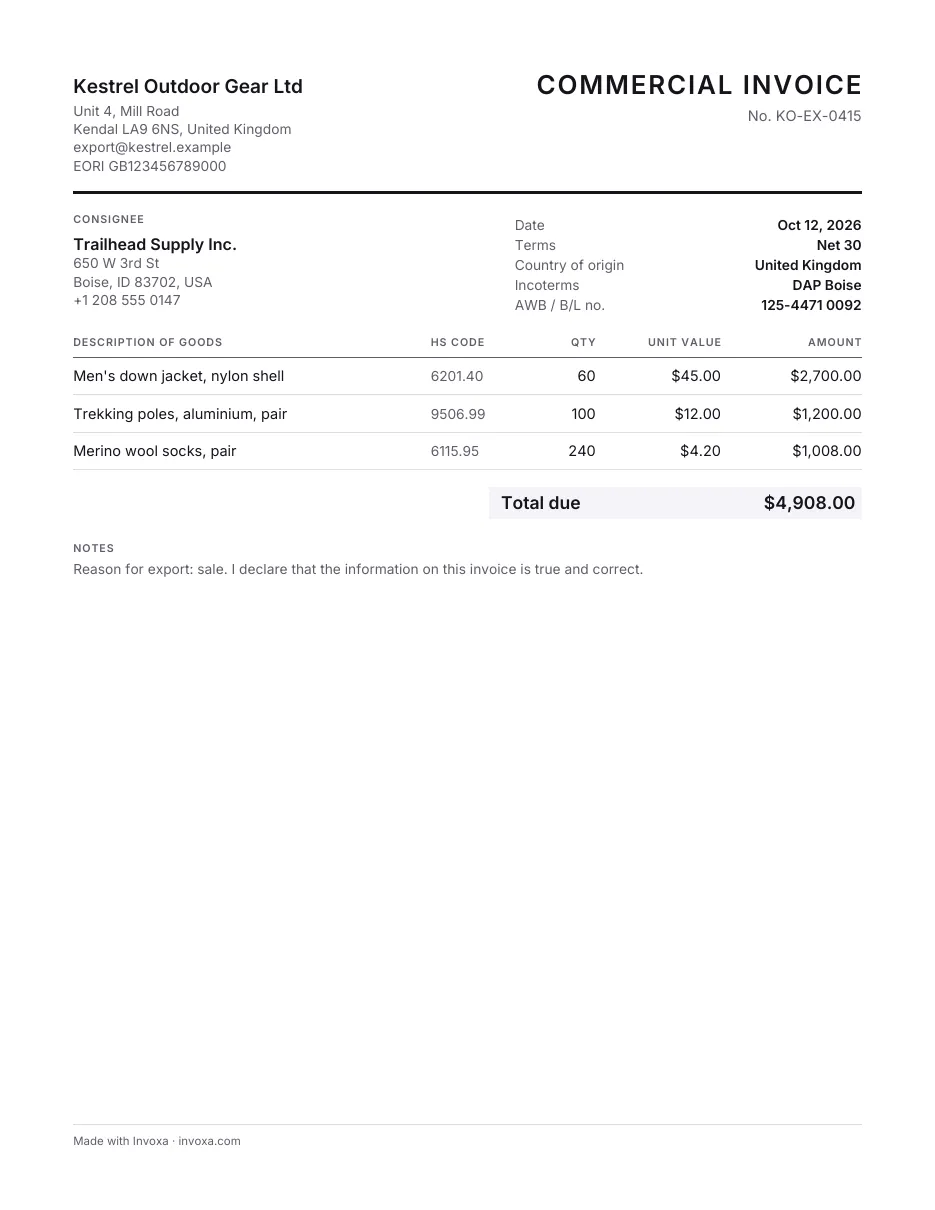Commercial invoice template: an example, filled in