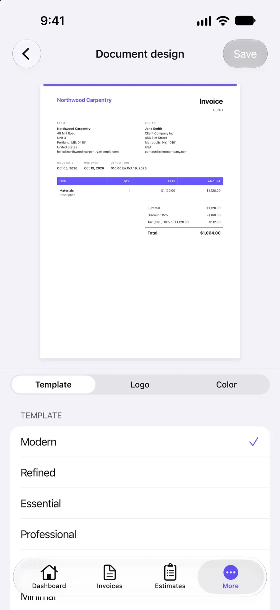 Document design screen in the Invoxa iPhone app with a live preview and the list of templates