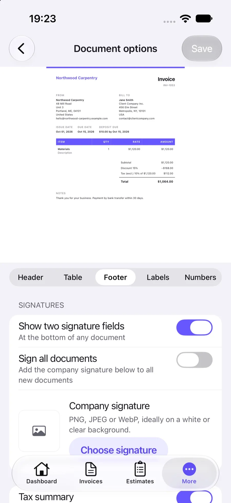 Document options in the Invoxa iPhone app with tabs for header, table, footer, labels and numbers
