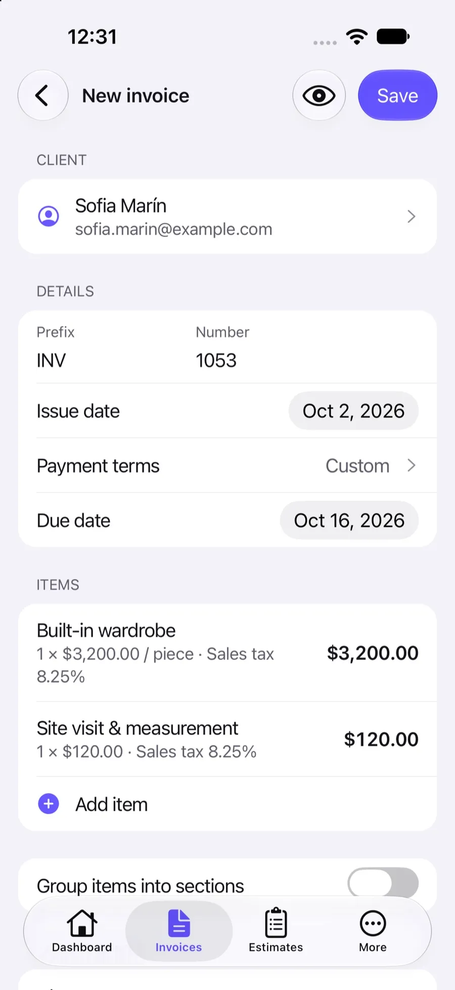 New invoice in the Invoxa iPhone app created from a duplicate, with the client, number, dates and items filled in