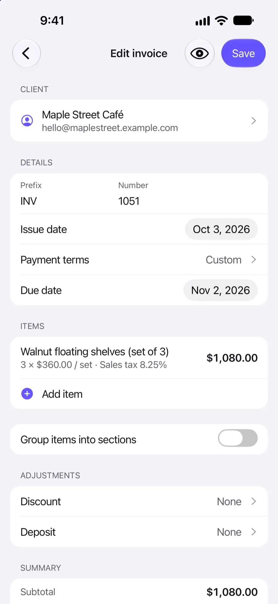 Invoice editor in the Invoxa iPhone app with the prefix INV and the invoice number 1051