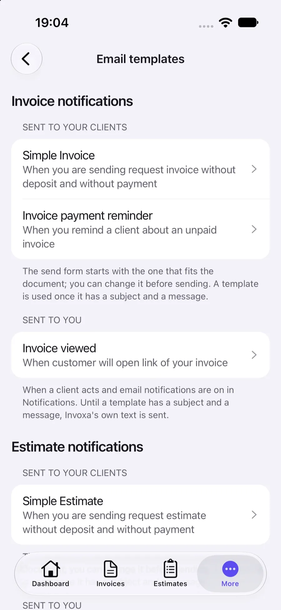 Email templates in the Invoxa iPhone app: simple invoice, invoice payment reminder and invoice viewed