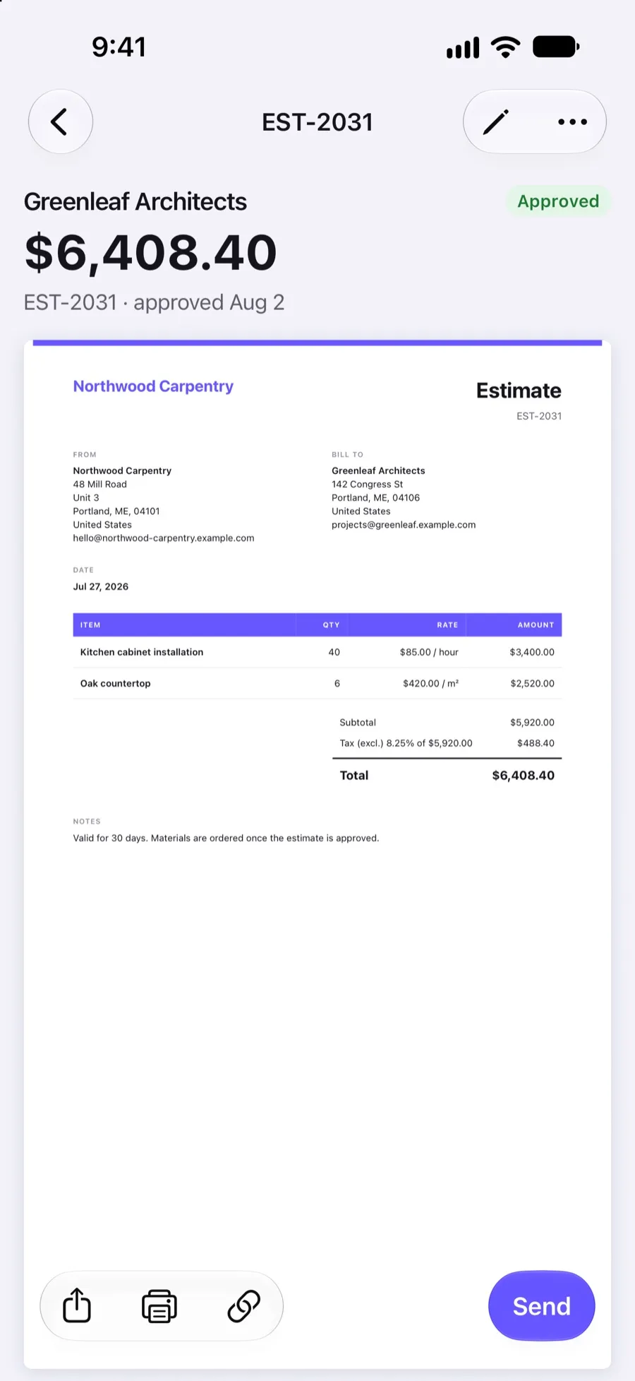Approved estimate EST-2031 in the Invoxa iPhone app with the total and document preview