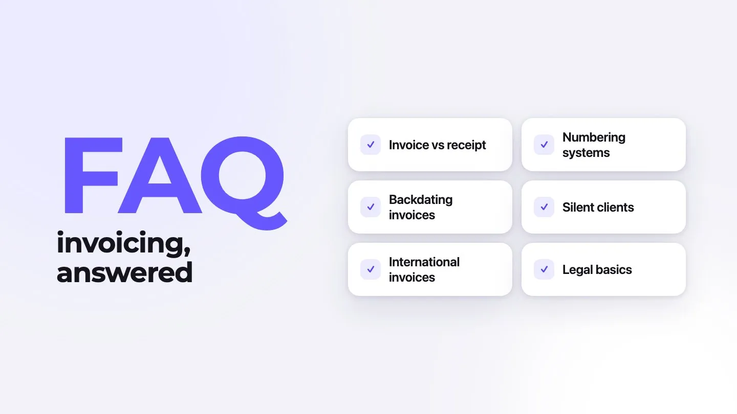 Invoicing FAQ covering invoice vs receipt, numbering systems and backdating invoices