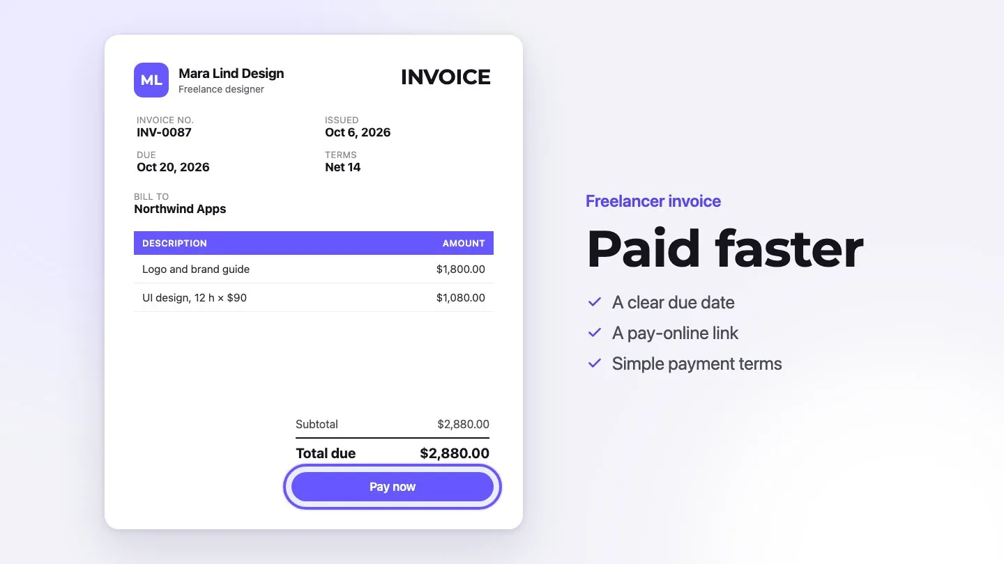 Sample invoice from Mara Lind Design with the Pay now button highlighted