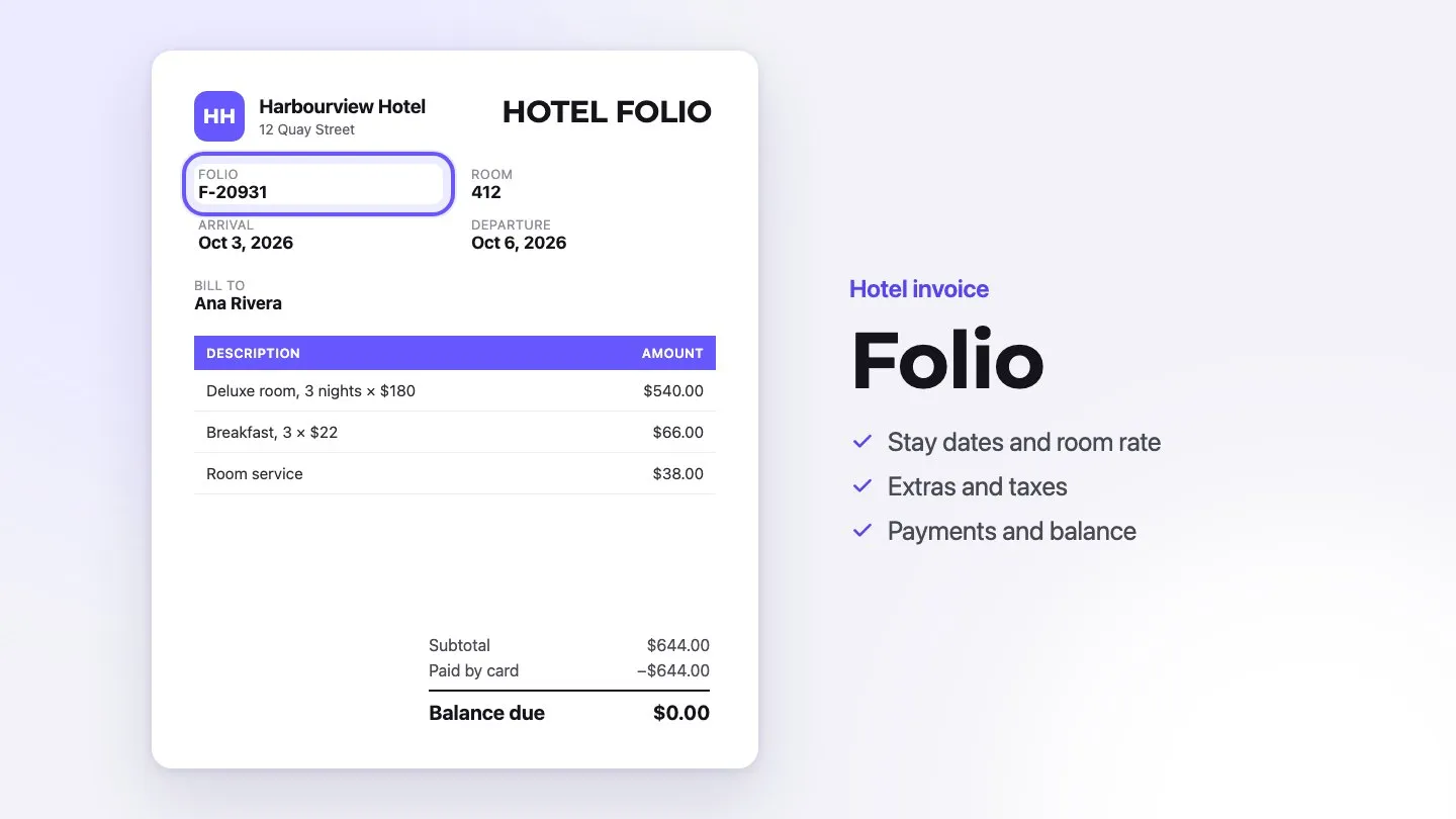 Sample hotel folio from Harbourview Hotel with the folio number highlighted