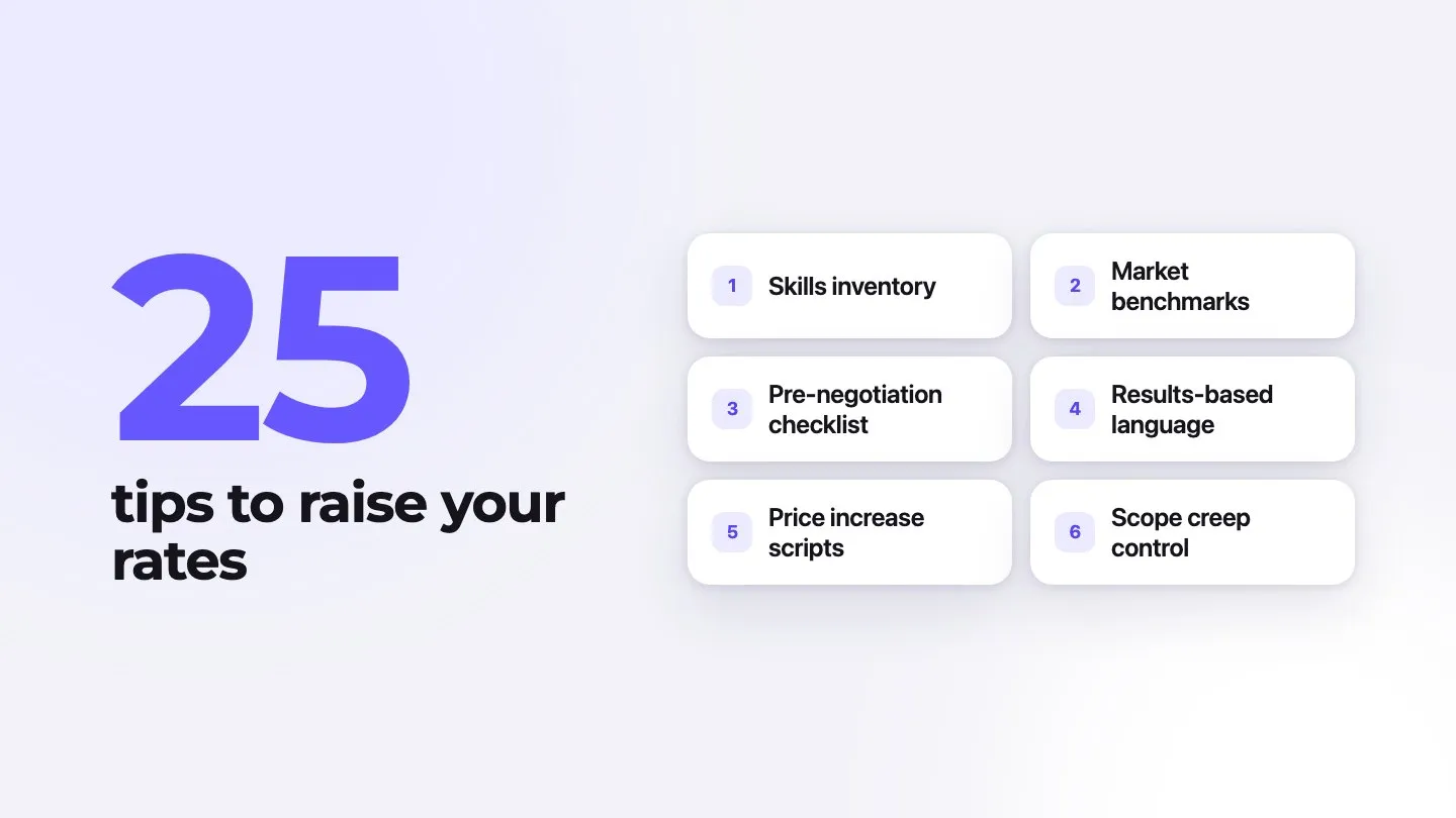 25 tips to raise your rates, including skills inventory, market benchmarks and pre-negotiation checklist