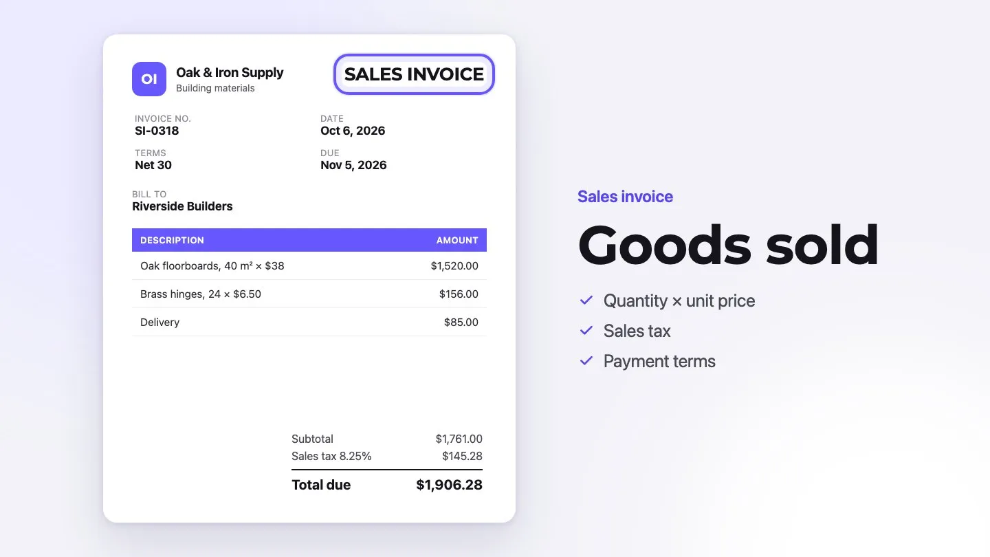Sample sales invoice from Oak & Iron Supply with the document title highlighted