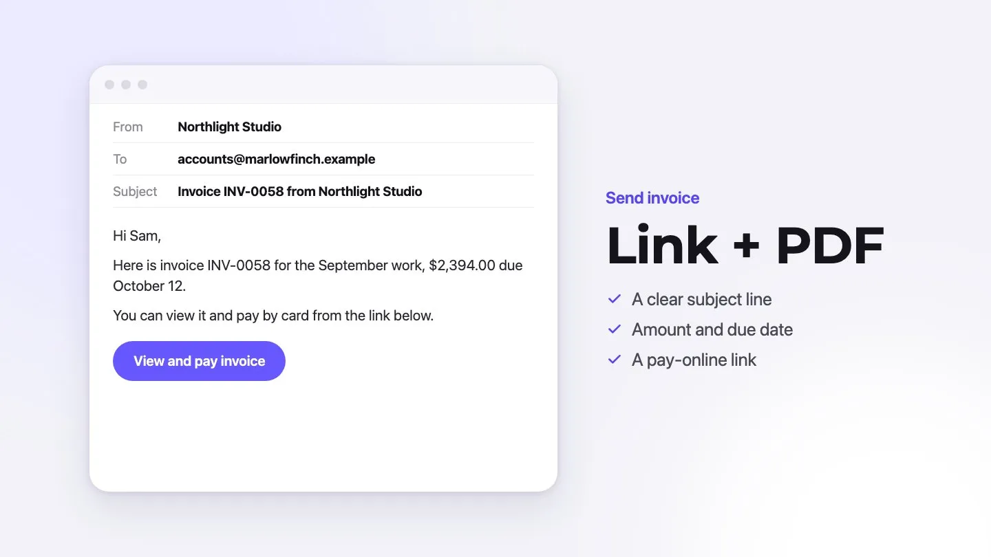 Invoice email from Northlight Studio with the subject “Invoice INV-0058 from Northlight Studio”
