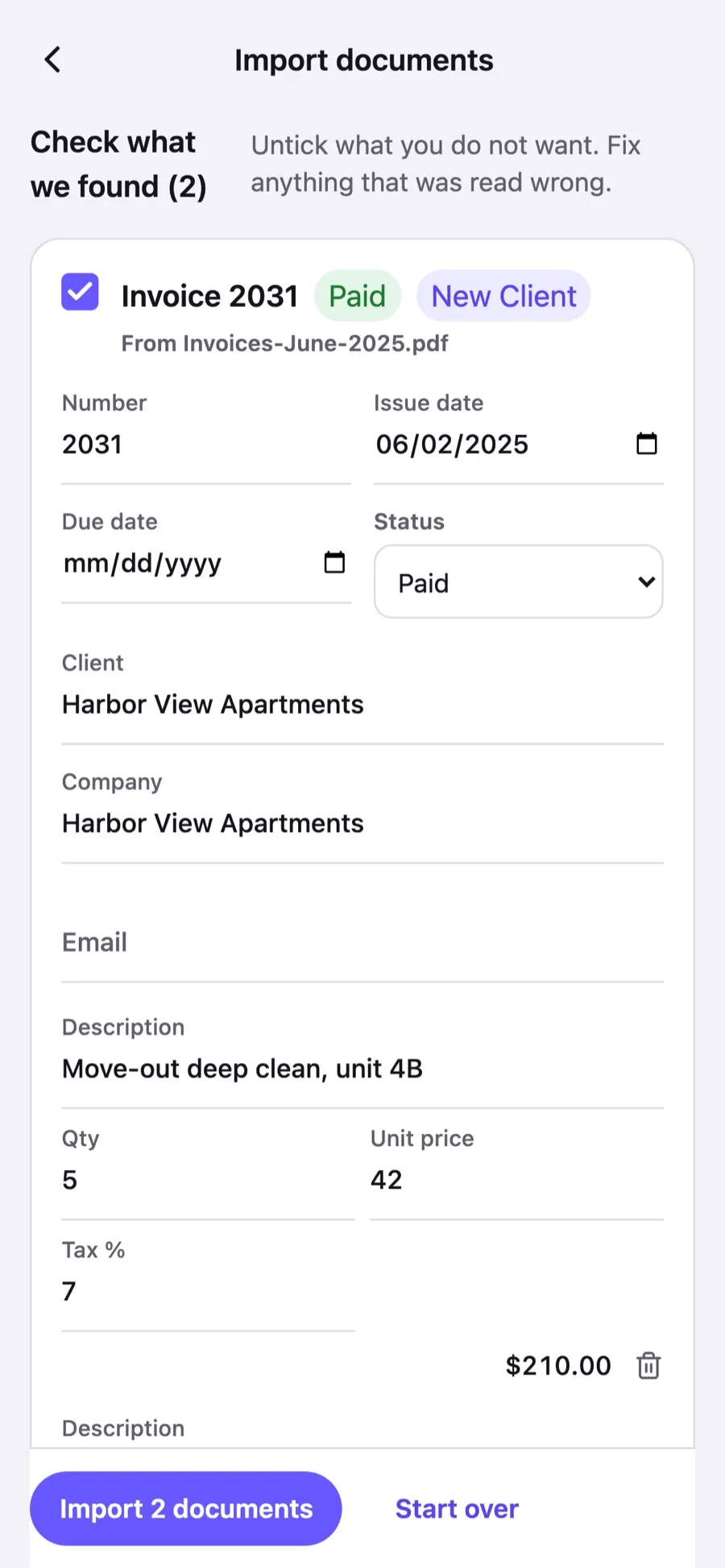 Import check screen in Invoxa: two invoices read from one PDF with their clients, lines, totals and status