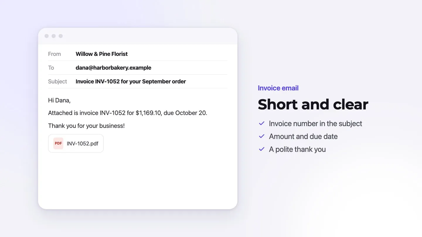 Invoice email from Willow & Pine Florist with the subject “Invoice INV-1052 for your September order”