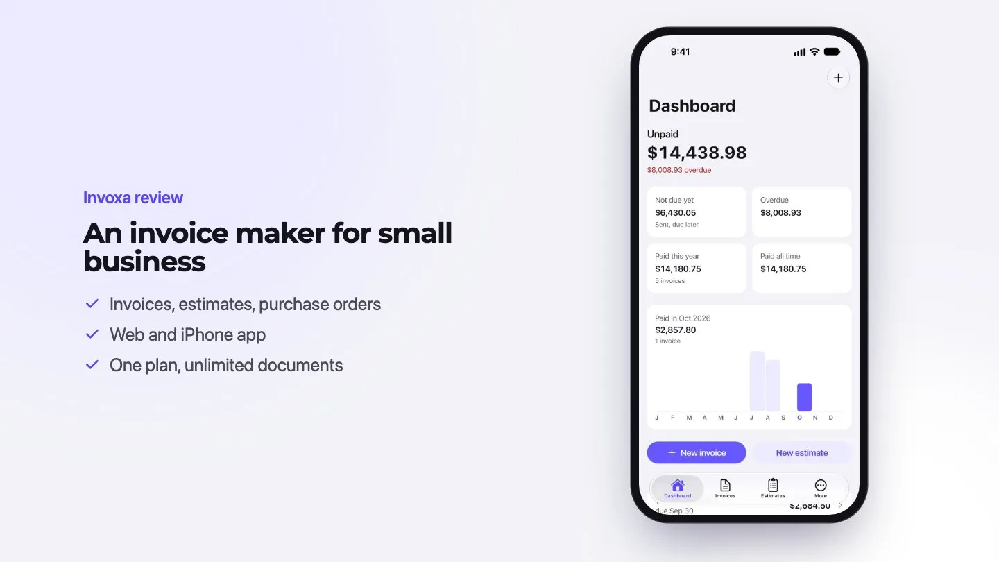 Dashboard of the Invoxa iPhone app with unpaid, overdue and paid totals