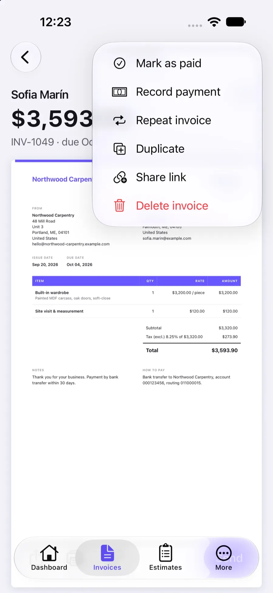 Invoice menu in the Invoxa iPhone app with Mark as paid and Record payment