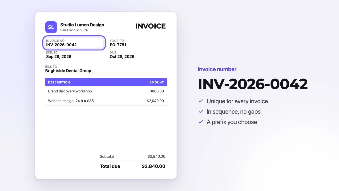 Sample invoice from Studio Lumen Design with the invoice number highlighted