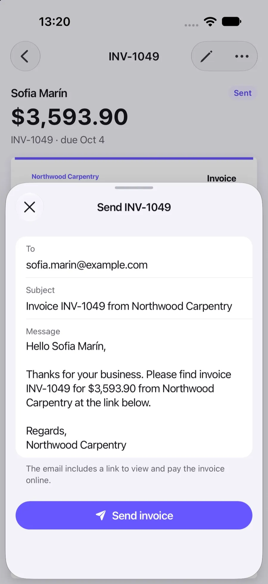 Send invoice form in the Invoxa iPhone app; the email includes a link to view and pay the invoice online