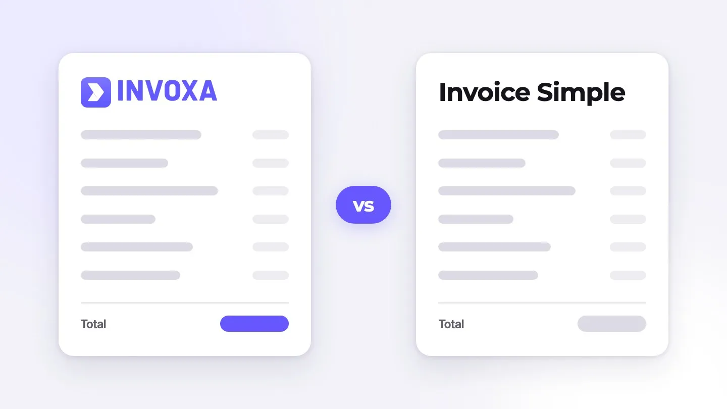 Two document cards side by side, Invoxa and Invoice Simple, with a "vs" badge between them