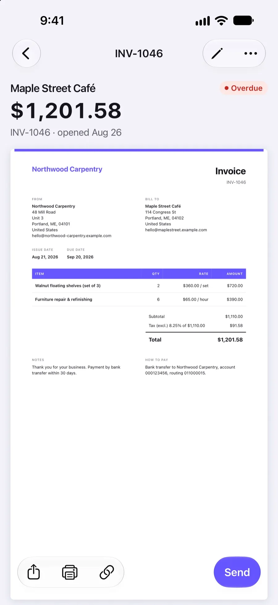 Invoice detail in the Invoxa iPhone app with the total, status and document preview