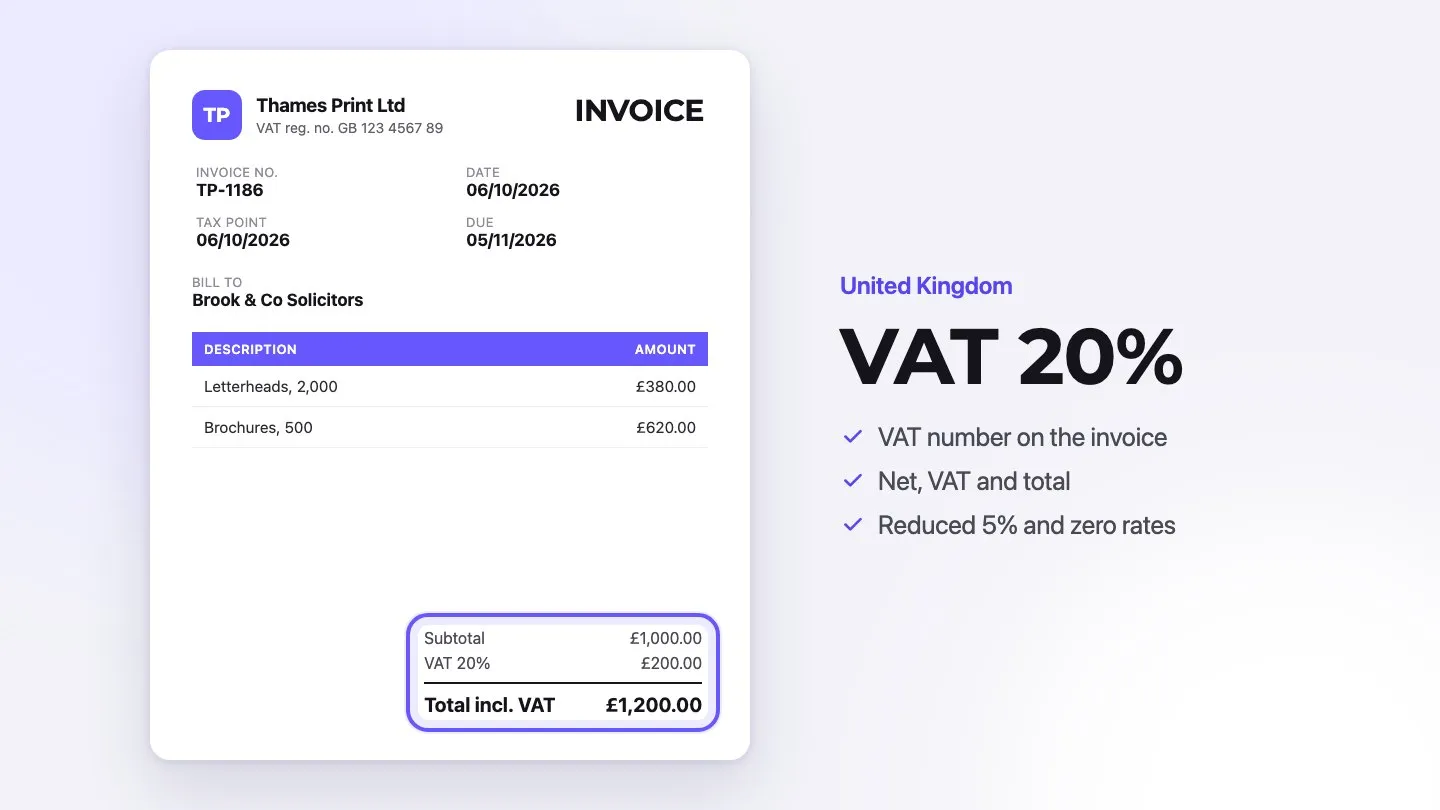 Sample UK invoice from Thames Print Ltd with the VAT number and VAT 20% highlighted