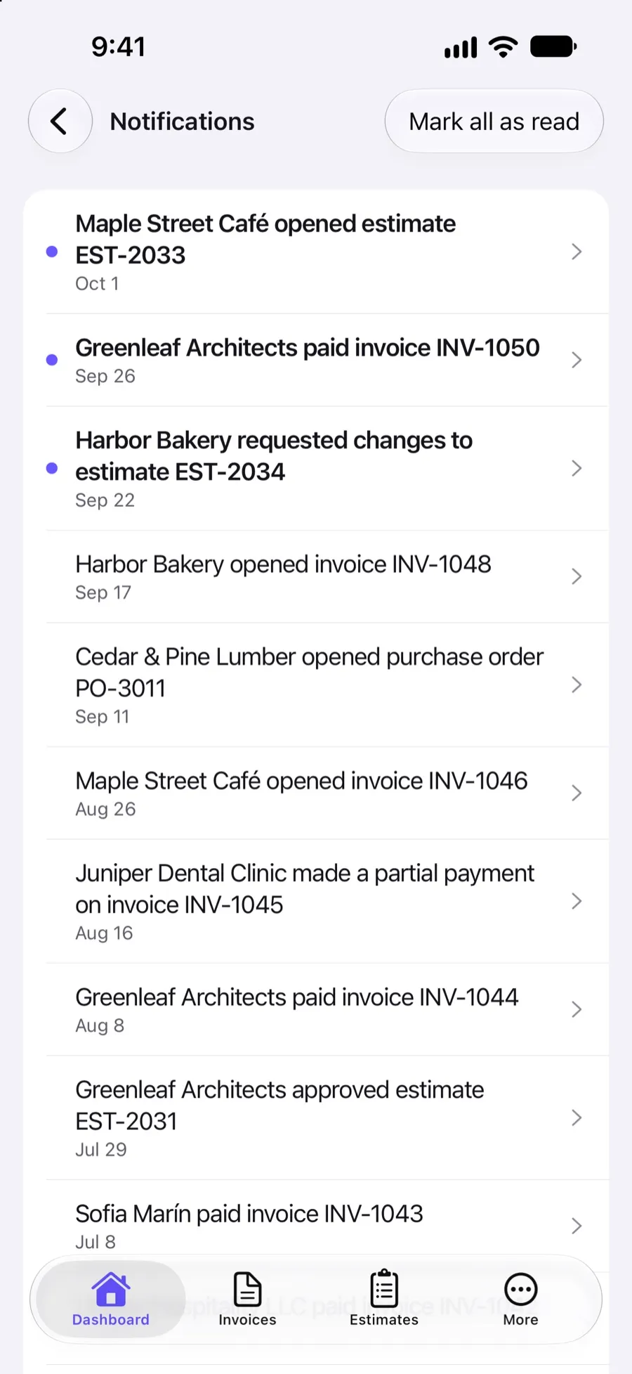 Notifications in the Invoxa iPhone app: a client opened an estimate, paid an invoice, made a partial payment and approved an estimate