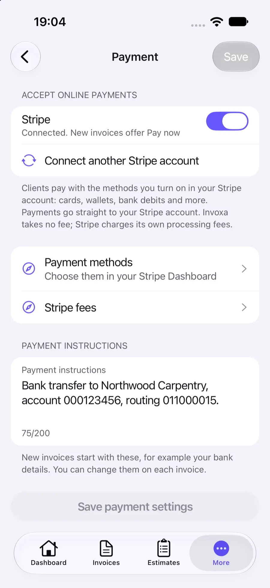 Payment settings in the Invoxa iPhone app with Stripe connected and a note that payments go straight to your Stripe account