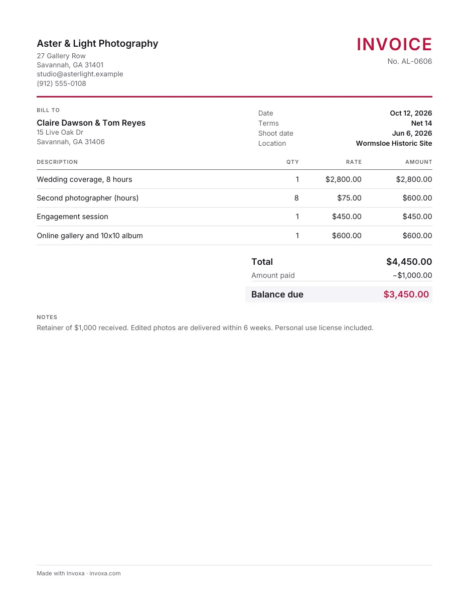 Photography invoice template: an example, filled in