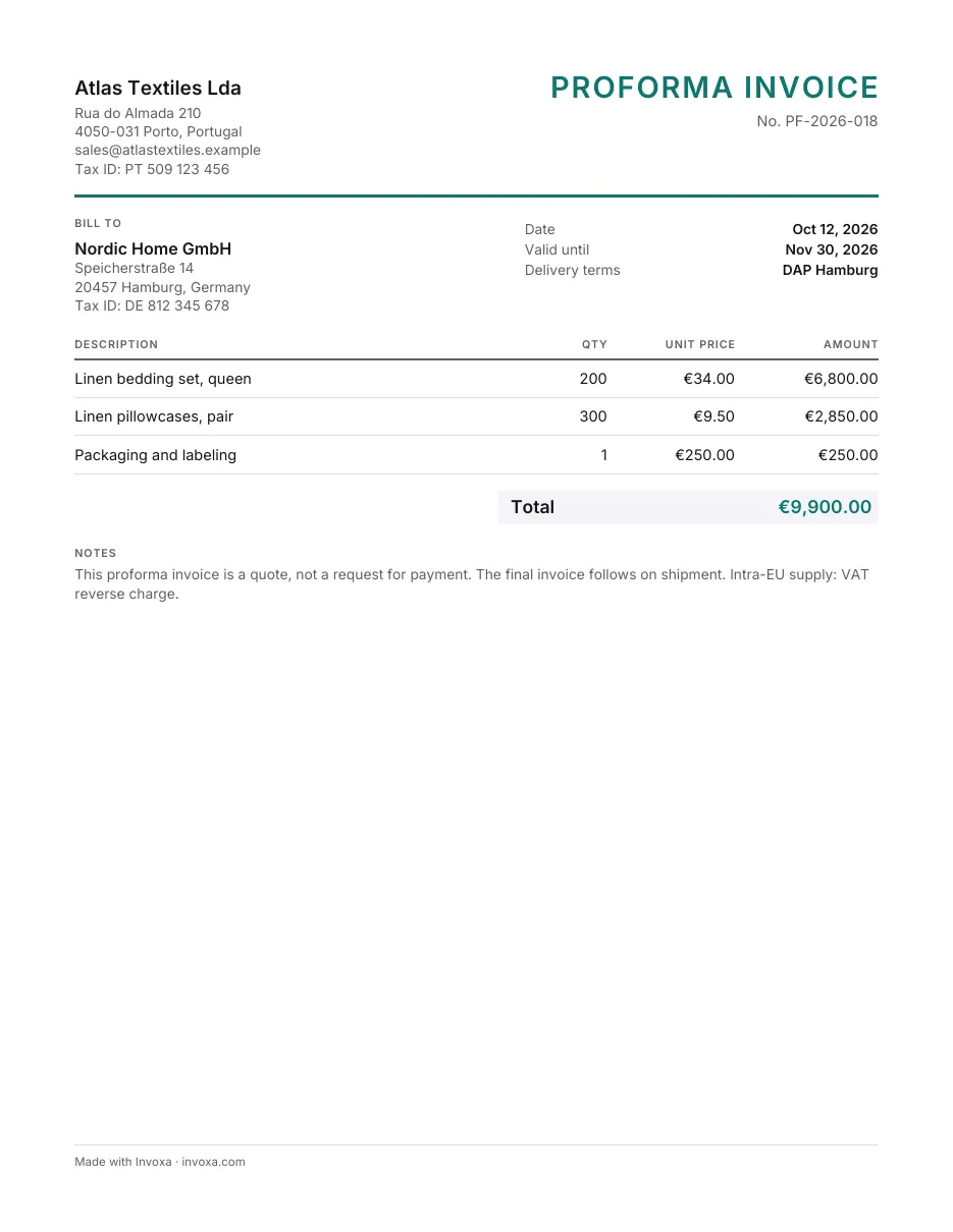 Proforma invoice template: an example, filled in