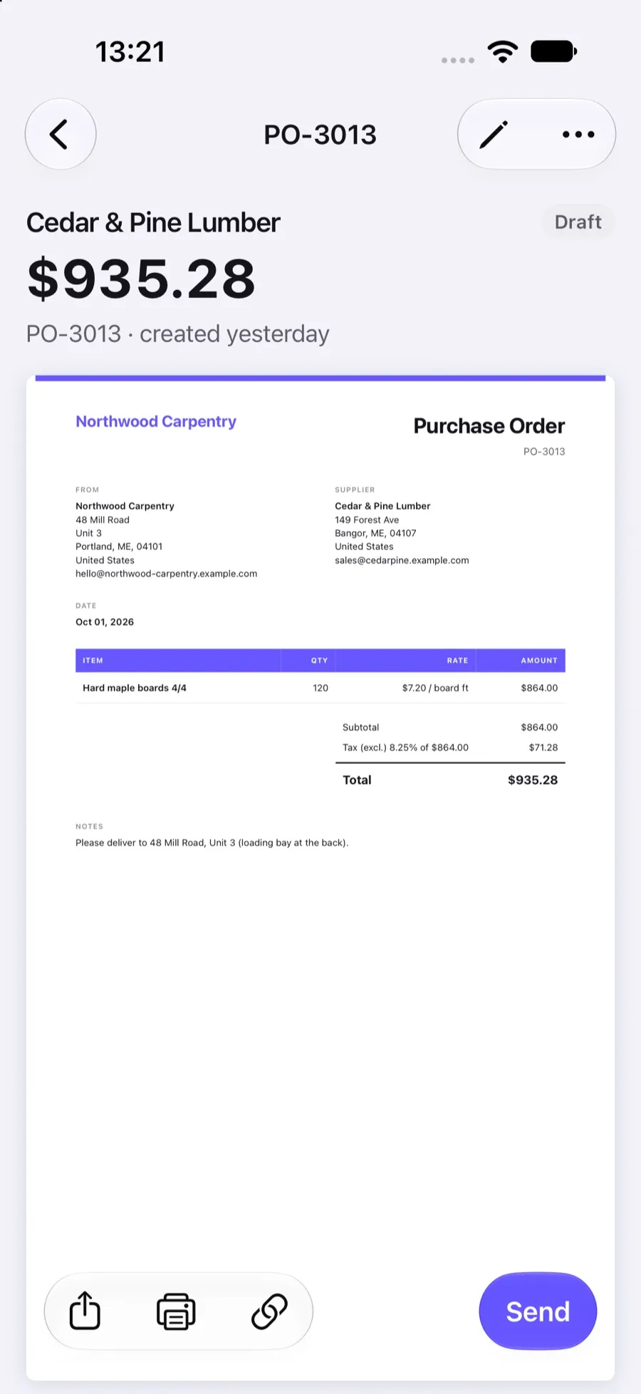 Purchase order PO-3013 for Cedar & Pine Lumber in the Invoxa iPhone app