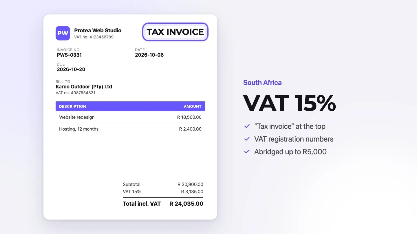 Sample South African tax invoice with VAT numbers and VAT 15%