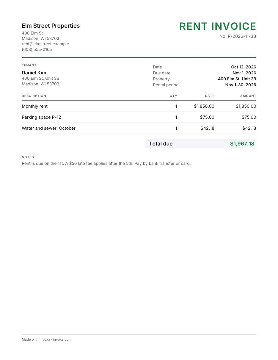 Rent invoice template: an example, filled in