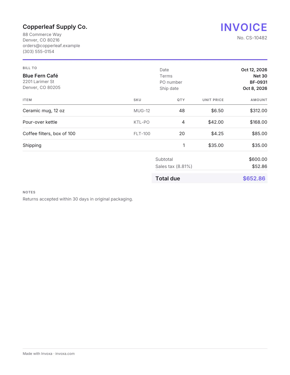 Sales invoice template: an example, filled in
