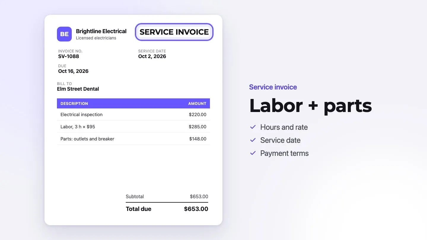 Sample service invoice from Brightline Electrical with the document title highlighted