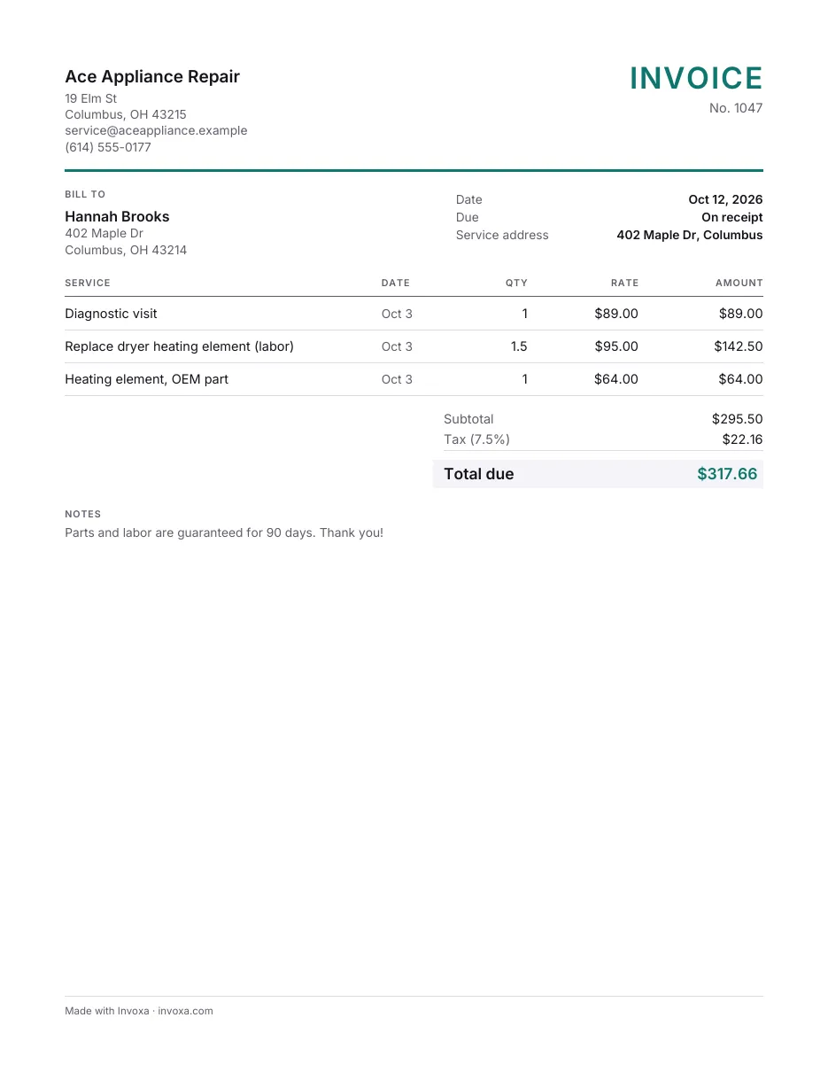 Service invoice template: an example, filled in