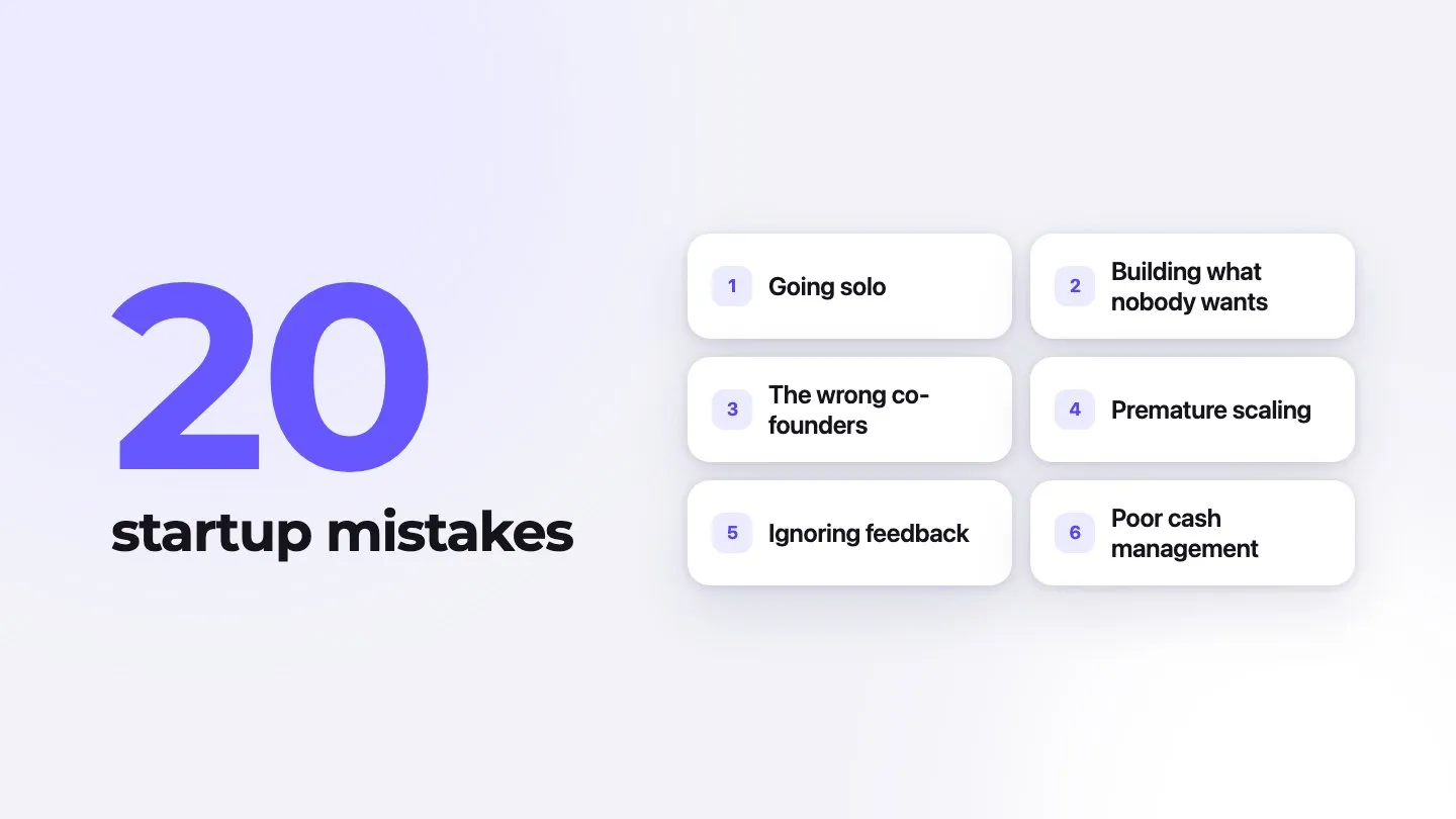20 startup mistakes, including going solo, building what nobody wants and the wrong co-founders