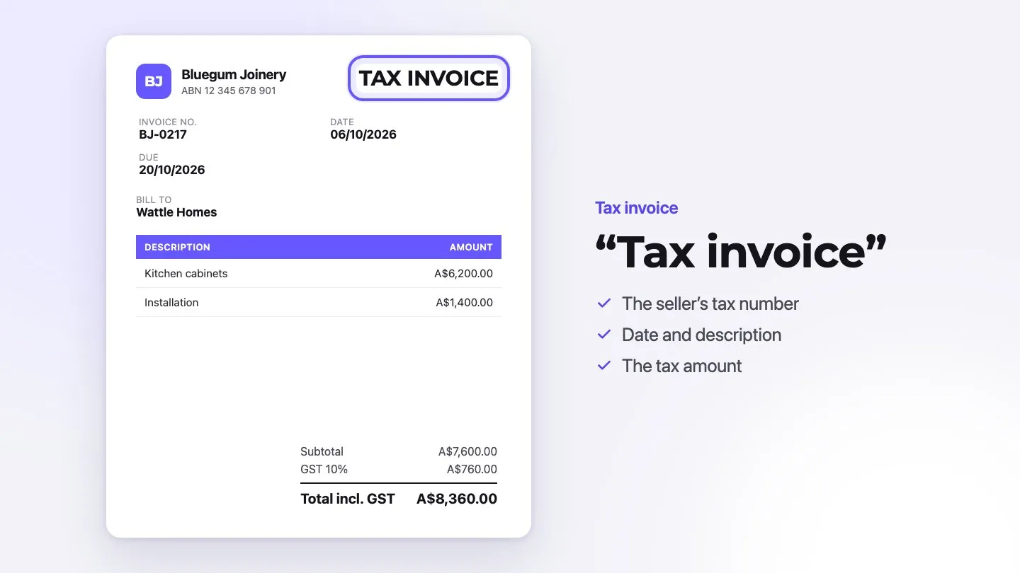 Sample tax invoice with the words “Tax invoice” at the top highlighted