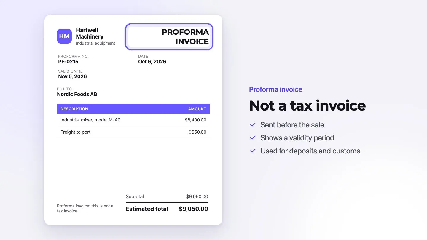 Sample proforma invoice from Hartwell Machinery with the document title highlighted