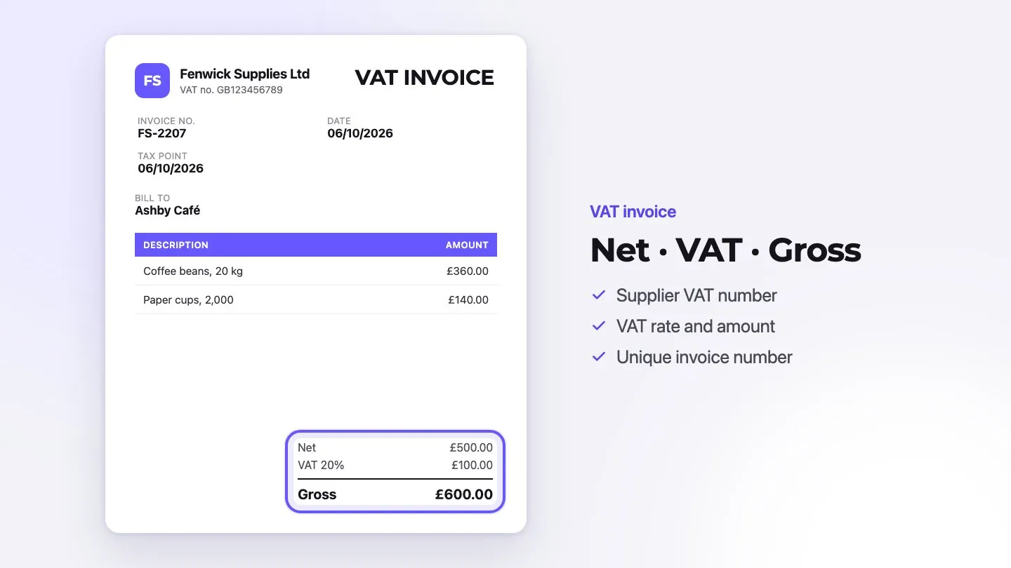 Sample VAT invoice from Fenwick Supplies Ltd with the tax totals highlighted