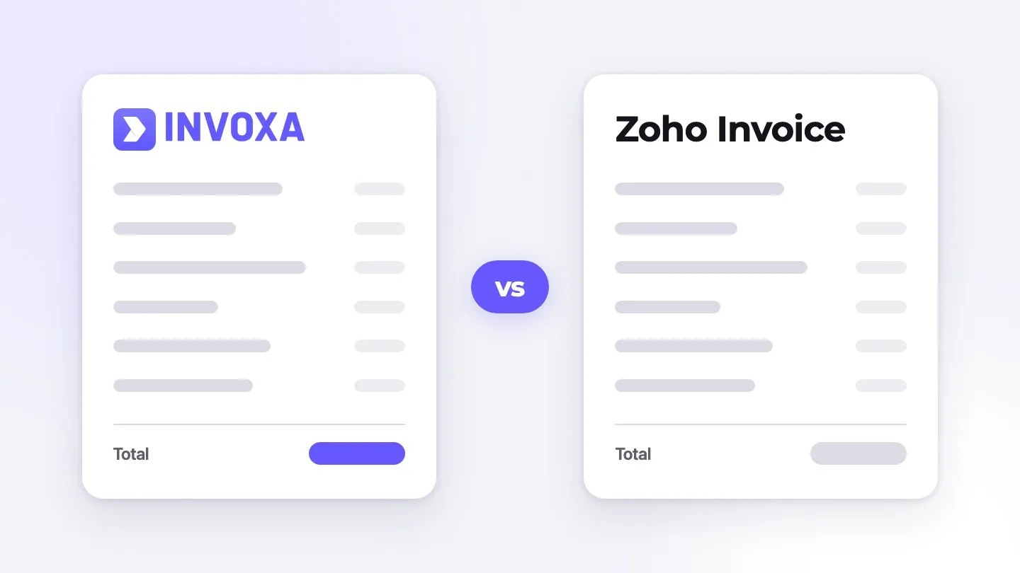 Two document cards side by side, Invoxa and Zoho Invoice, with a "vs" badge between them